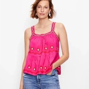 LOFT Embroidered Tiered Cami Top Linen Hot Pink Womens Large Peasant Boho‎
